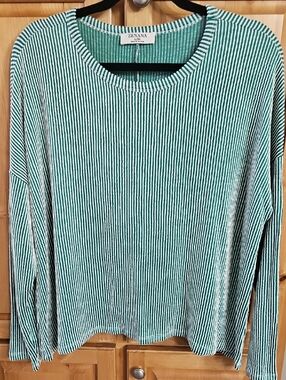 Zenana Outfitters, Ribbed, Green and White Narrow-Striped Crewneck Sweater
